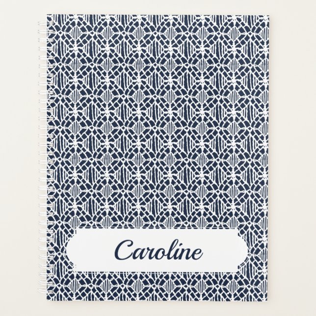 Navy With White Crochet Lace Pattern Planner (Front)