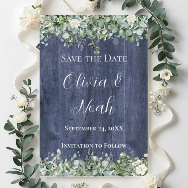 Navy Wood Eucalyptus Save the Date | Rustic Invitation (Creator Uploaded)