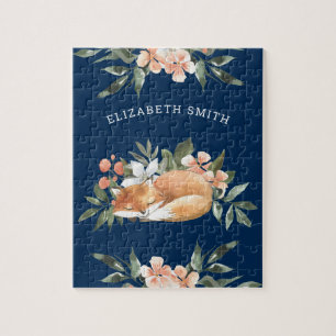 Navy Woodland Forest Cute Sleeping Fox Kids Name Jigsaw Puzzle