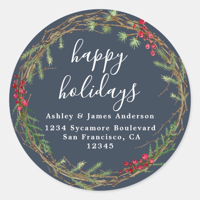 Navy Wreath Holiday Return Address Classic Round Sticker (Front)