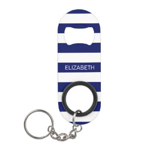 Navy Wt Horizontal Preppy Stripe #2 Name Monogram Mini Bottle Opener