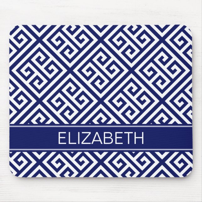 Navy Wt Med Greek Key Diag T Navy Name Monogram Mouse Pad (Front)