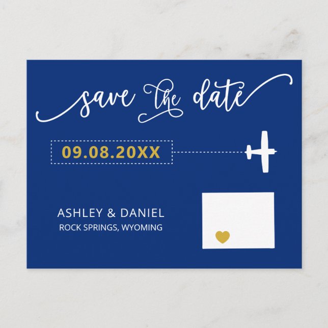 Navy Wyoming Wedding Save the Date Map Postcard (Front)