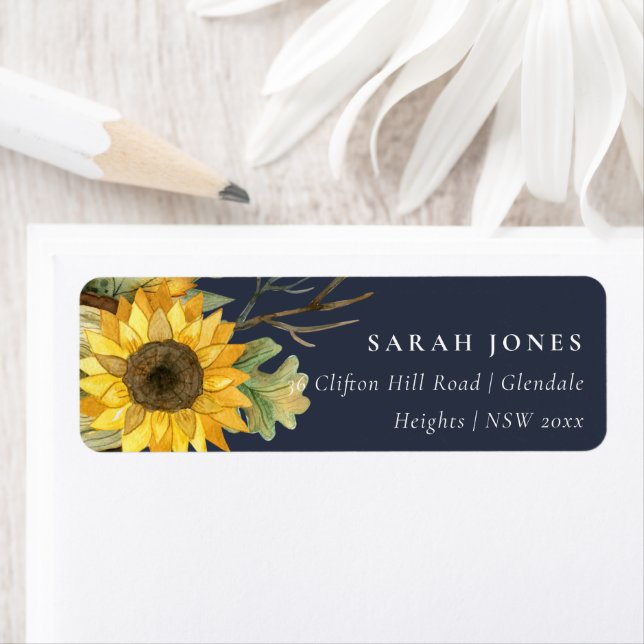 NAVY ya YELLOW SUNFLOWER WATERCOLOR FLORAL ADDRESS (Insitu)