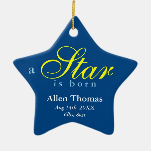 Navy yellow a star is born baby name announcement ceramic ornament (Front)