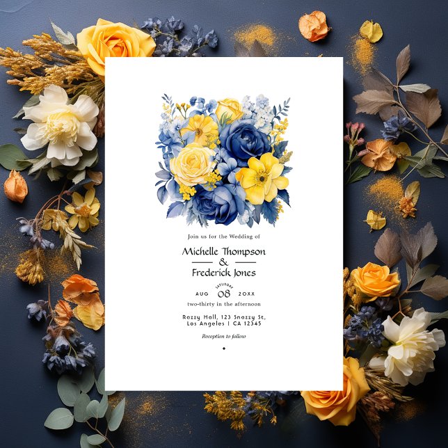 Navy, Yellow, and Blue Floral Wedding Invitation (Creator Uploaded)