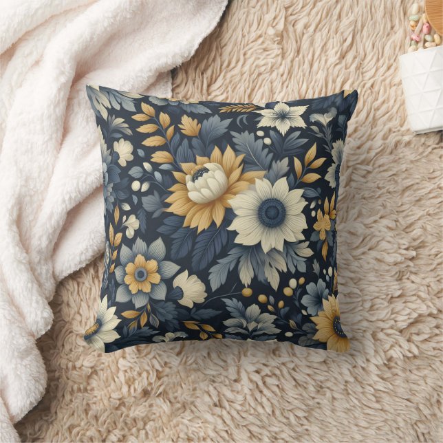 Navy, yellow and grey floral pattern  throw pillow (Blanket)