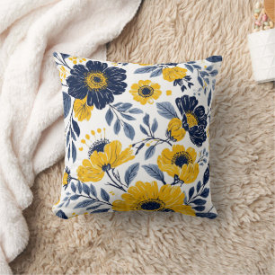 Navy, Yellow and Grey Floral  Throw Pillow