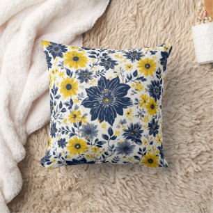Navy, Yellow and Grey Floral Throw Pillow