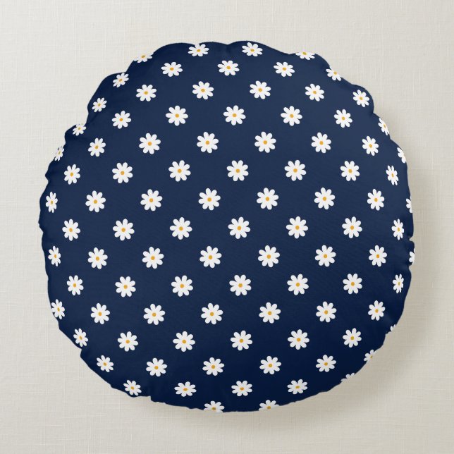 Navy, Yellow and White Daisies Pattern Round Pillow (Front)