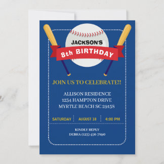  Navy Yellow Baseball Boys Birthday Party Invitation