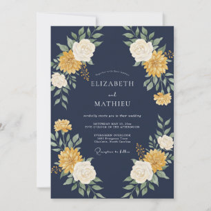 Navy Yellow Bloom Flourish Wedding Invitation