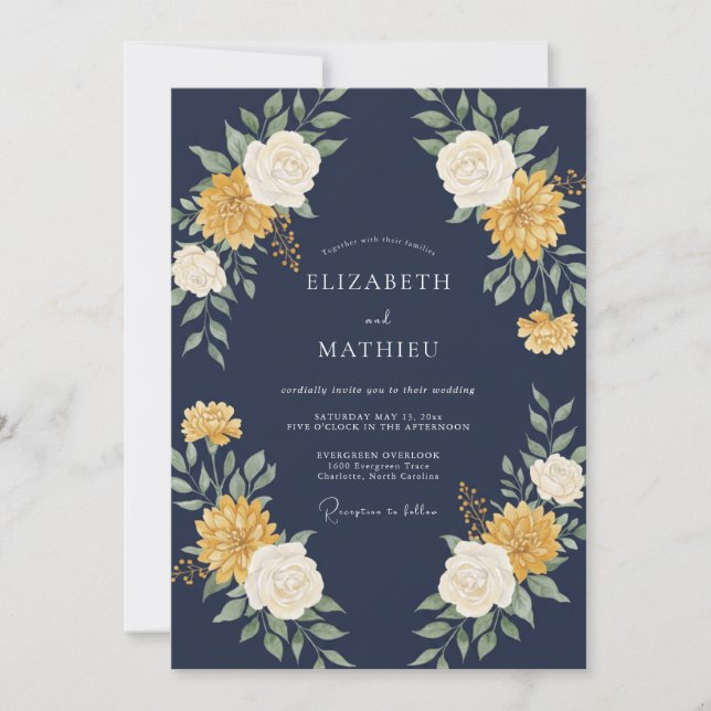 Navy Yellow Bloom Flourish Wedding Invitation (Front)