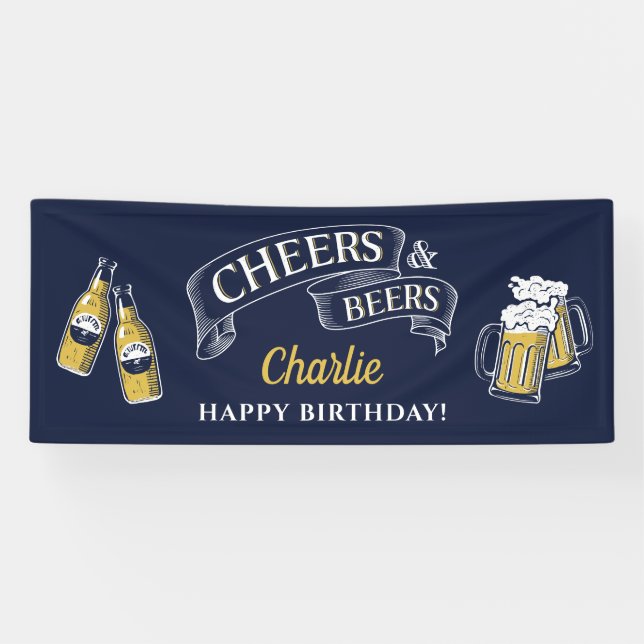 Navy Yellow Cheers And Beers Any Age Birthday Banner (Horizontal)