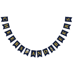 Navy Yellow Cheers And Beers Any Age Birthday Bunting Flags