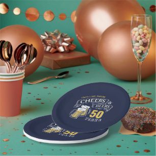 Navy Yellow Cheers And Beers Any Age Birthday Paper Plate