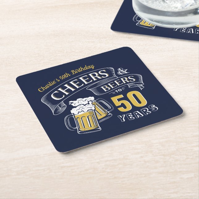 Navy Yellow Cheers And Beers Any Age Birthday Square Paper Coaster (Angled)