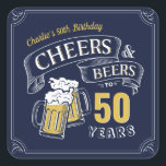 Navy Yellow Cheers And Beers Any Age Birthday Square Sticker<br><div class="desc">Stylish cheers and beers to 50 years typography design in navy blue,  yellow and white,  Custom it with your own text,  fun and unique,  great for any age adult birthday party for men,  or anniversary party for any occasion.</div>
