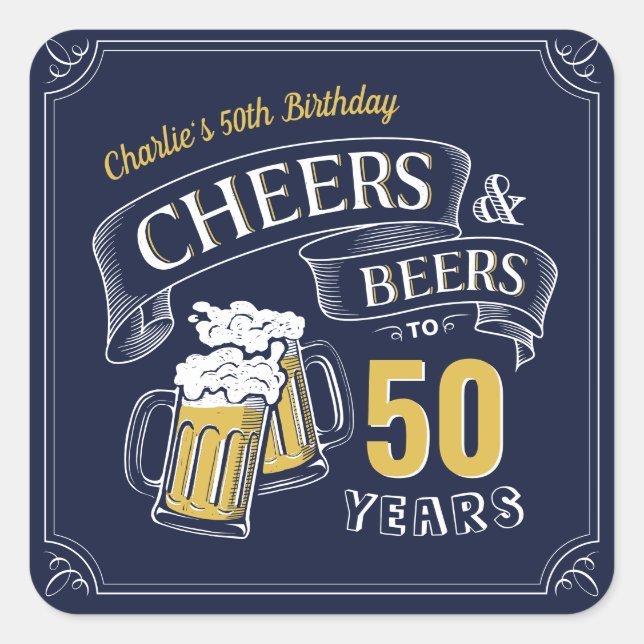 Navy Yellow Cheers And Beers Any Age Birthday Square Sticker (Front)