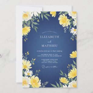 Navy Yellow Daisy Eucalyptus Wedding Invitation
