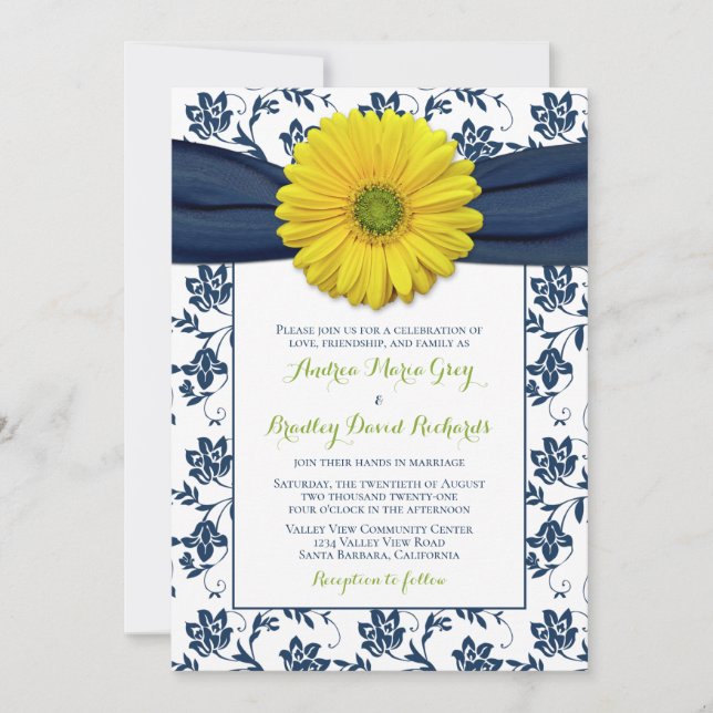 Navy Yellow Damask Daisy Wedding Invitation (Front)