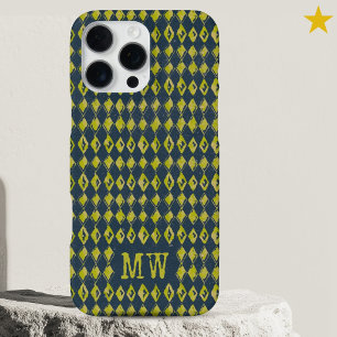 Navy Yellow Doodle Diamond Pattern Custom Monogram iPhone 16 Pro Max Case