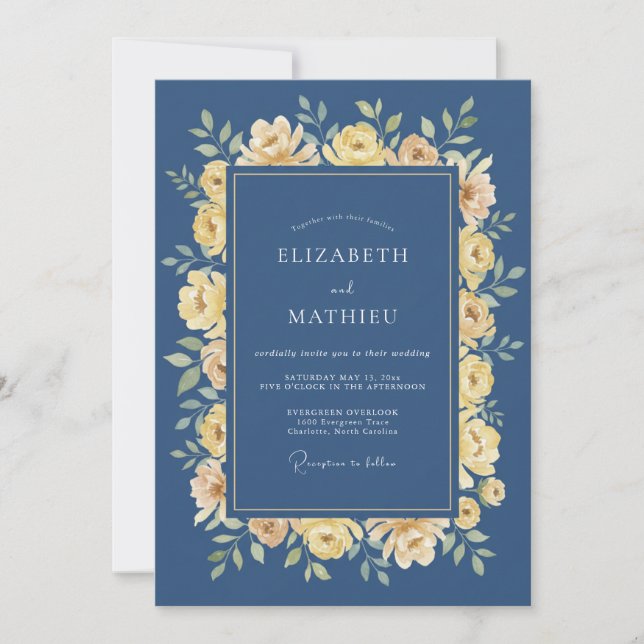 Navy Yellow Ethereal Bloom Wedding Invitation (Front)