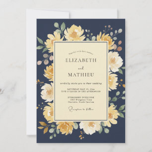 Navy Yellow Floral Bouquet Wedding Invitation