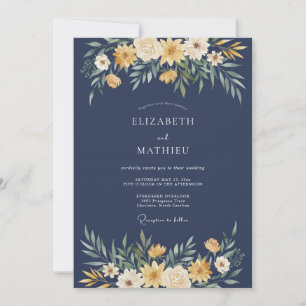 Navy Yellow Floral Flourish Wedding Invitation