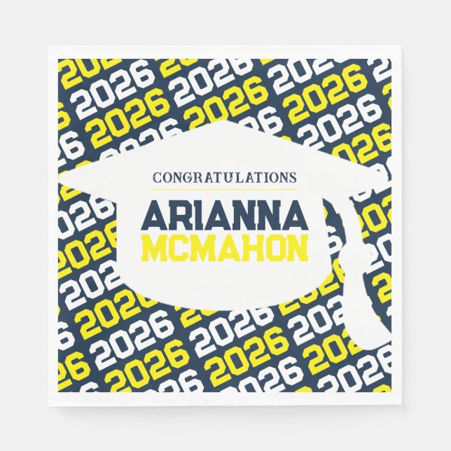 Navy & Yellow Personalized Graduation Cap Paper Napkin (Front)