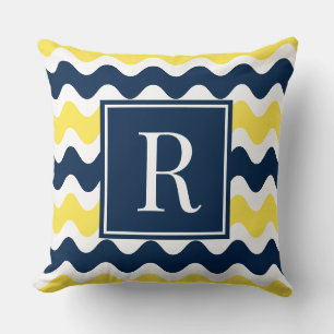 Navy & Yellow Preppy Ric Rac Stripe Monogram Throw Pillow