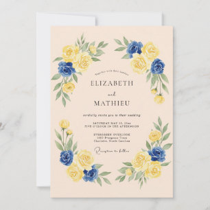 Navy Yellow Romantic Floral Wedding Invitation