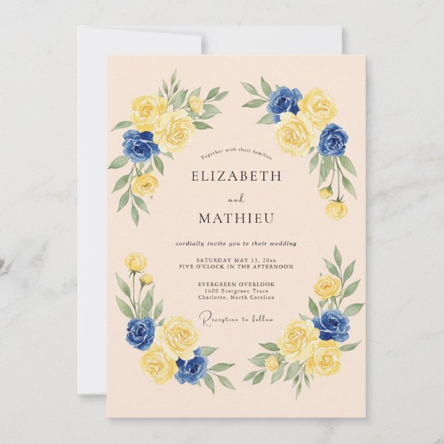 Navy Yellow Romantic Floral Wedding Invitation (Front)