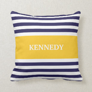 Navy Yellow Stripes Monogram Throw Pillow