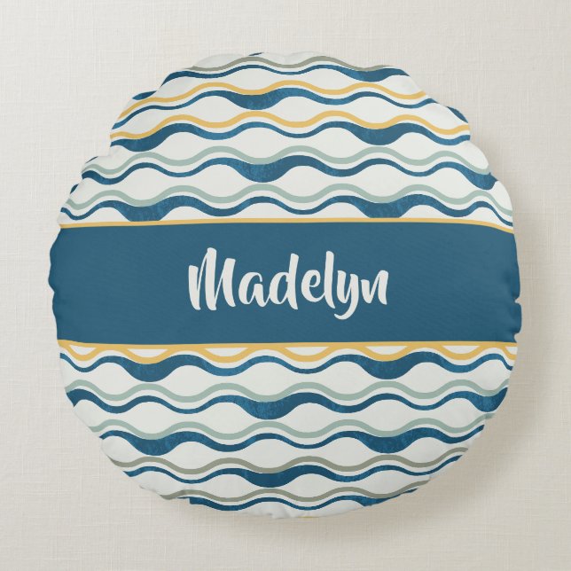 Navy Yellow Teal Waves Personalized Coastal Decor Round Pillow (Front)
