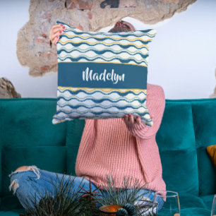 Navy Yellow Teal Waves Personalized Coastal Decor Throw Pillow