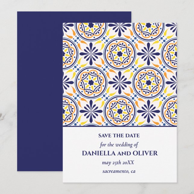 Navy Yellow Tile Mediterranean save the date Invitation (Front/Back)
