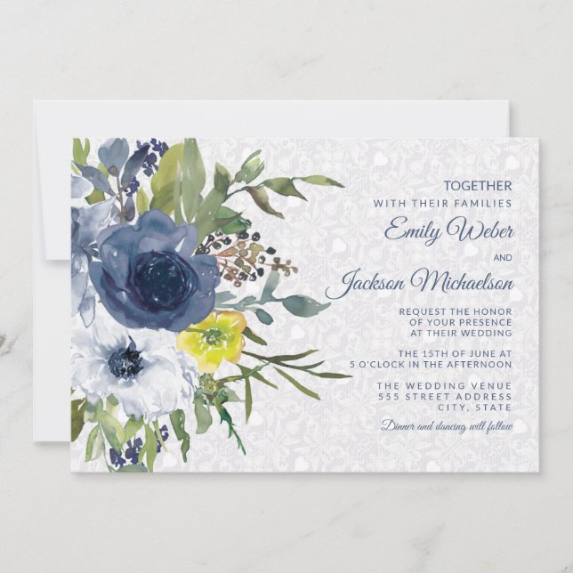 Navy Yellow White Floral and Lace Garden Wedding Invitation (Front)