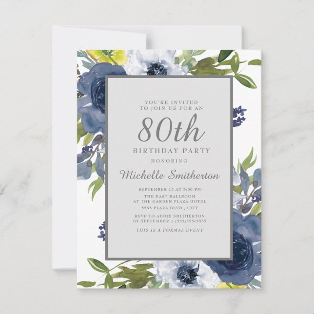 Navy Yellow White Floral Leaves 80th Birthday Invitation (Front)
