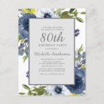 Navy Yellow White Floral Leaves 80th Birthday Invitation<br><div class="desc">Elegant navy blue,  yellow,  and white watercolor floral with green leaves on white 80th birthday party celebration invitation.  The lettering is a beautiful calligraphy script font.  Contact us for help with customization or to request matching products.</div>