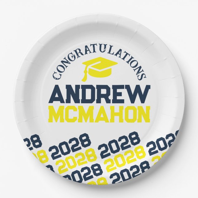 Navy, Yellow & White Personalized Graduation Paper Plate (Front)