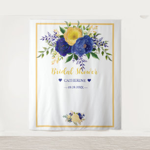 Navy Yellowish Gold Floral Bridal Shower Backdrop Tapestry