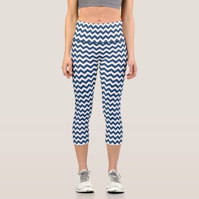 Navy Zigzag, Navy Chevron, Geometric Pattern Capri Leggings (Front)