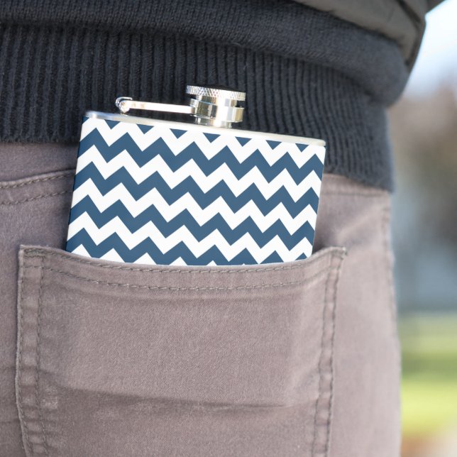 Navy Zigzag, Navy Chevron, Geometric Pattern Hip Flask (In Situ)