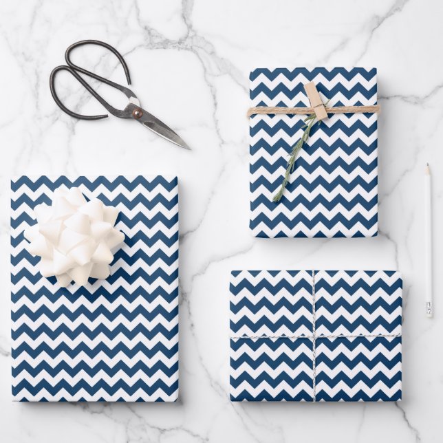 Navy Zigzag, Navy Chevron, Geometric Pattern Wrapping Paper Sheet (Front)