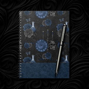 Navy Zodiac Magic   Dark Blue Gothic Skull Roses Notebook