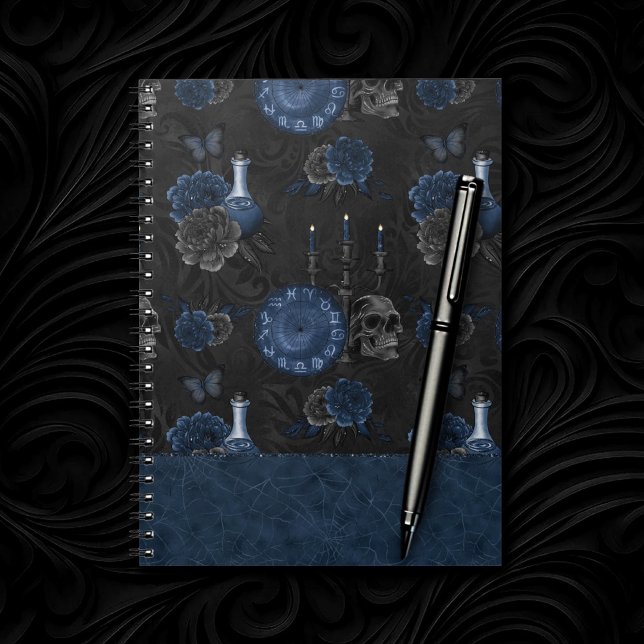 Navy Zodiac Magic | Dark Blue Gothic Skull Roses Notebook (Creator Uploaded)