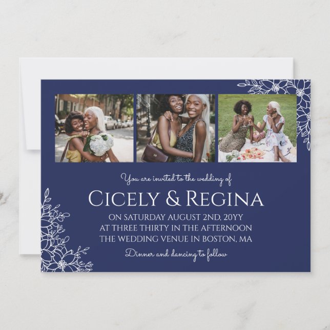 Navye Blue White Floral Photo Collage Wedding Invitation (Front)