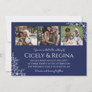 Navye Blue White Floral Photo Collage Wedding Invitation