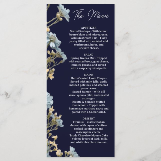 NavyFloral Wedding Menu, Minimalist Menu, Elegant  Menu (Front)